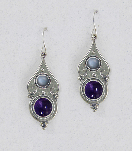 Sterling Silver Gothic Look With Iolite And Grey Moonstone Gemstone Drop Dangle Earrings